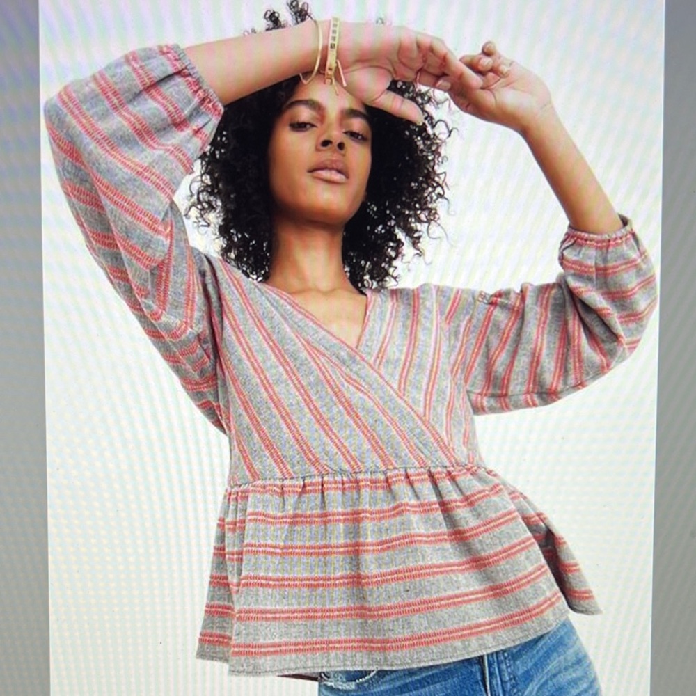 Madewell Striped Bubble-Sleeve Peplum Top